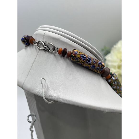 Sterling Silver Millefiori African Trade Bead Yellow Bakelite Amber Necklace - Picture 6 of 14